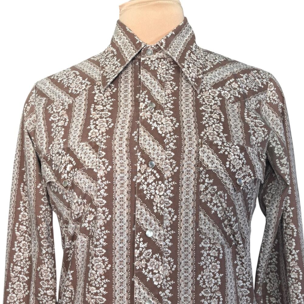 Vintage 70s Western Pearl Snap Shirt Brown Floral Boho Cowboy Ranch Unisex